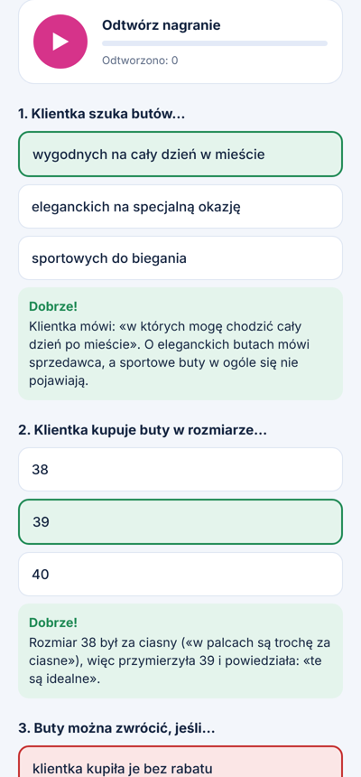 Zadanie ze słuchania z wyjaśnieniami odpowiedzi